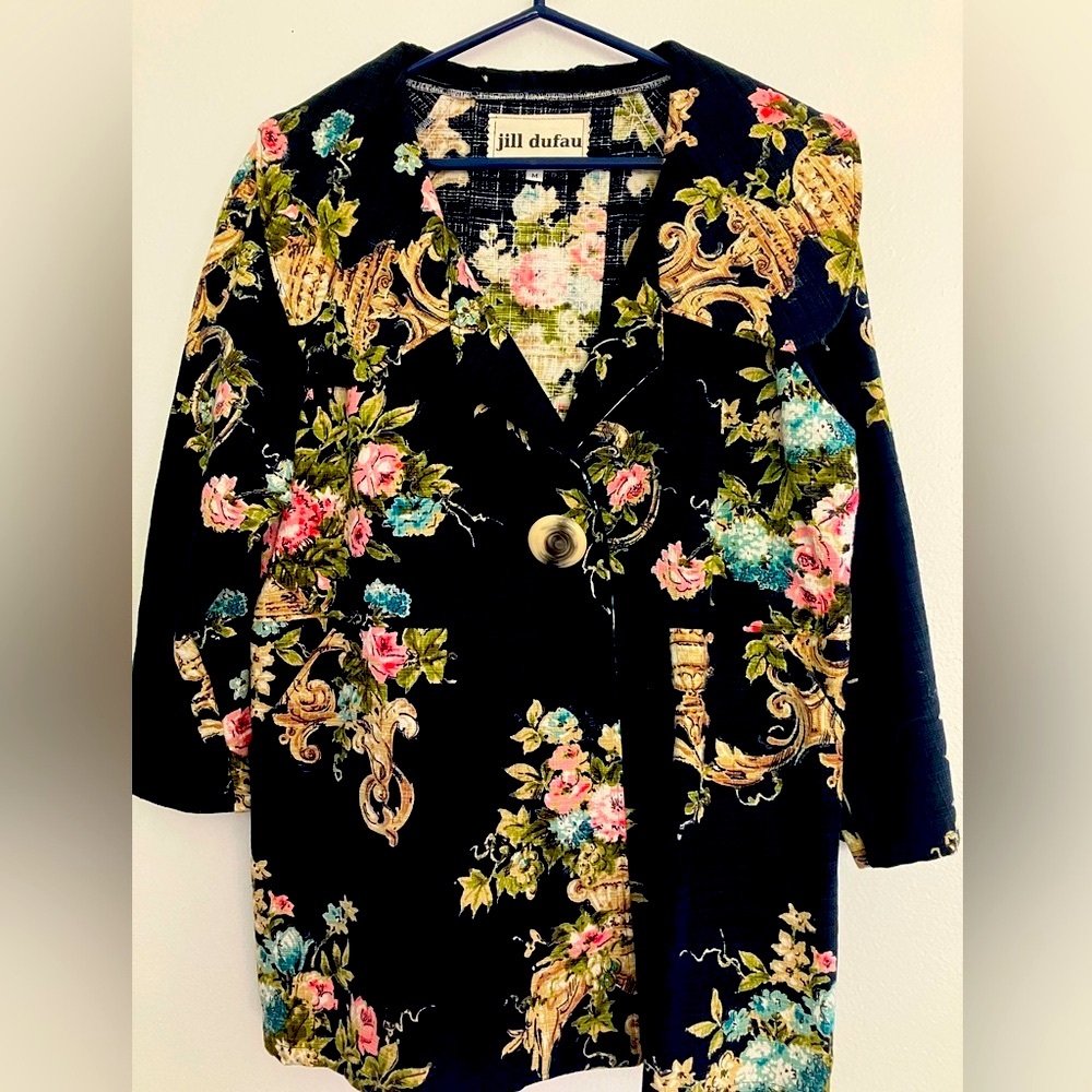 JILL DUFAU COAT vintage tapestry jacket size M super cute and eclectic!